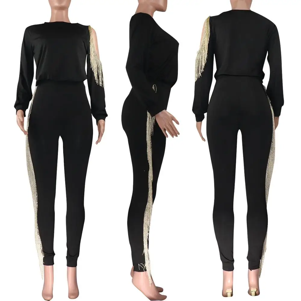 Мода стрейч спортивная одежда женский костюм бархат плечо отверстие фуфайка с кисточками укороченный топ+ длинные брюки осень и зима спортивный костюм - Цвет: black
