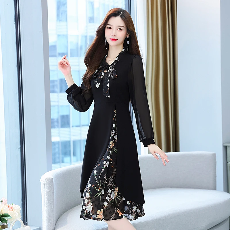 2024 Autumn Winter Elegant Office Lady Dress Black Vintage Floral