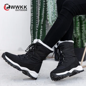 

WWKK 2019 Fashion Winter Shoes Woman Leather Boots Women Platform Snow Boots Lace Up Flat with Fur Warm Hot Sale Large Size