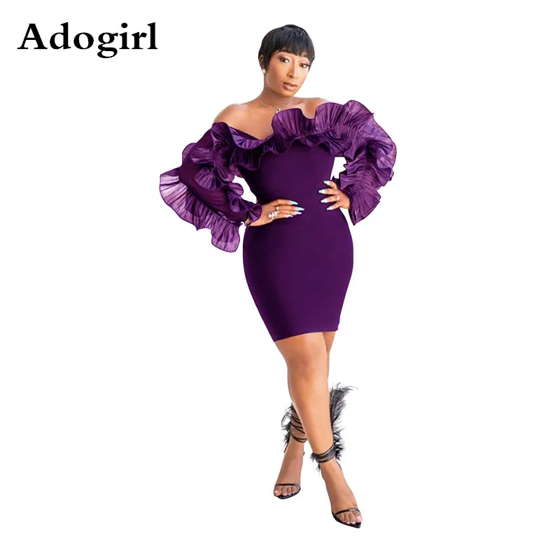 

Off Shoulder Women Bodycon Mini Dress Cascading Ruffle Long Sleeve Sexy Club Night Party Bandage Bodycon Above Knee Vestidos