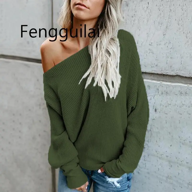 FENGGUILAI One Shoulder Sweater Women Loose Casual Pullovers And Sweaters Woman Autumn Solid Sweet Pullover