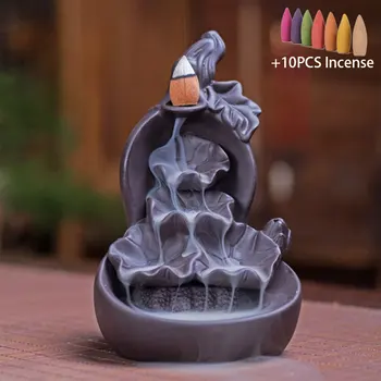 

10PCS Incense + Purple Clay Gourd Lotus Waterfall Incense Burner Holder Censer Aroma Smoke Backflow Incense Burner Home Decor