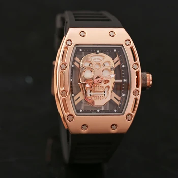 

Classic New Gent's Hollow Men Women Quartz Watch Transparent Shell Rose Gold Tonneau RM 5201 Black Rubber Skeleton Skull Pirate