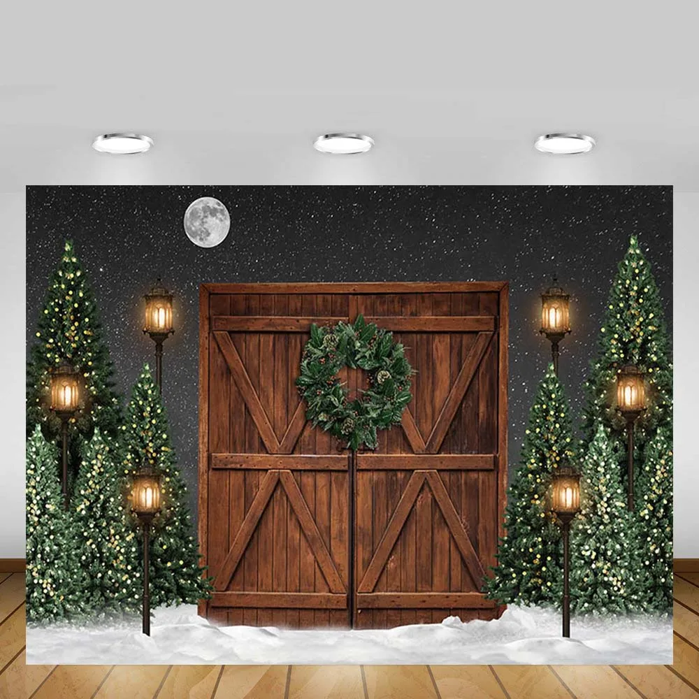 

Mehofond Winter Christmas Backdrop Tree Brown Wood Door Sky Moon Wreath Baby Portrait Photography Background Decor Photo Studio