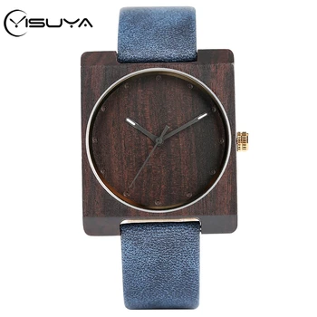 

YISUYA Creative Square Wooden Watch Blue Leather Black Dial Analog Quartz Clock Man Watch Men's Retro Wristwatches Luxury reloj