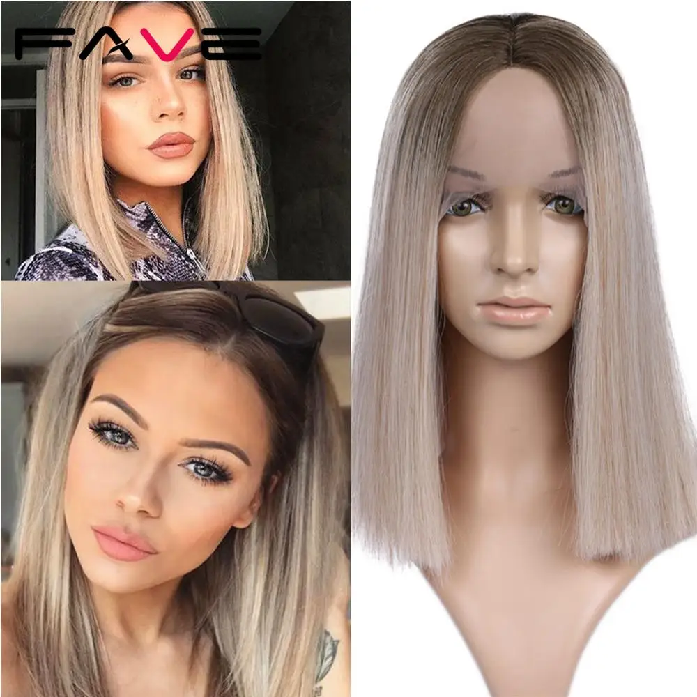 

FAVE Mixed Brown Blonde Straight 1.8*9 Lace Front Short Bob Middle Part Synthetic Wigs For Black White Women Cosplay