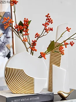 

GOLD STRIPES CERAMIC VASE FLOWERS POT FLOWER ARRANGEMENT DESK DECORATION GEOMETRIC LINES PORCELAIN CRAFT VASES FLORAL HOME DECOR