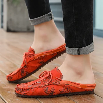 

Half Shoes For Men Suede Leather Slip On Shoes Men Mules Casual Flat Backless Loafers Fashion Male Mocassin Homme Chaussure 2020