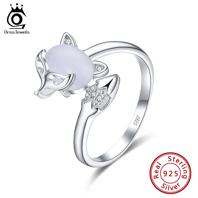 

ORSA JEWELS AAAA Zircon Adjustable Fox Finger Rings 925 Sterling Silver With Cat's Eye Stone Fine Jewelry Party Gift OSR147