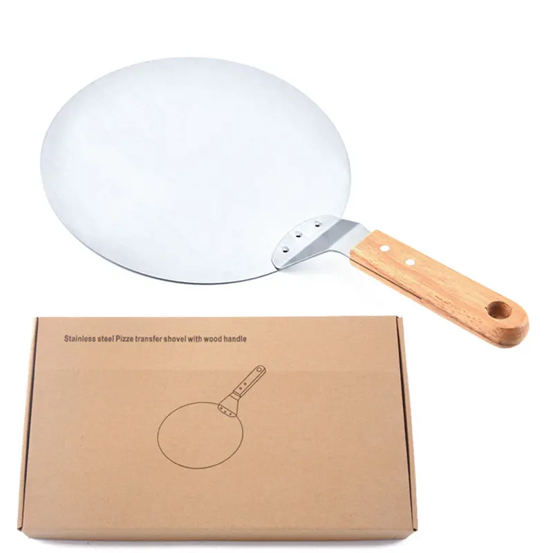 1pc Stainless Steel Anti-scalding Round Pizza Shovel Oak Handle Cake Shovel Cake Pizzas Spatula Baking Pastry Pizza Tools