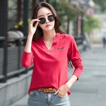 

New 2020 Spring T Shirt Women V-neck Long Sleeve Cotton Female T-shirt Fashion Letters T-shirts Slim Fit Tshirt Casual Tops Tees