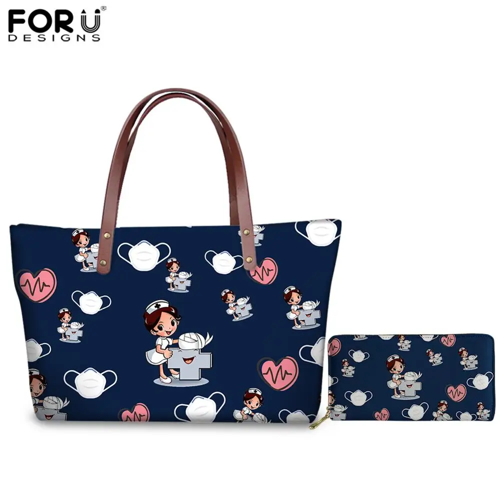 FORUDESIGNS Black Women Handbags&ampWallets Cartoon Nurse Heartbeat Design Luxury Shoulder Shopping Bags Ladies Long Leather Wallet | Багаж и
