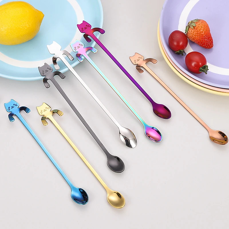 1pc Stainless Kitchen Cartoon Cat Hanging Cup Coffee Spoon Ice Cream Dessert Teaspoon Creative Hanging Spoon Tableware
