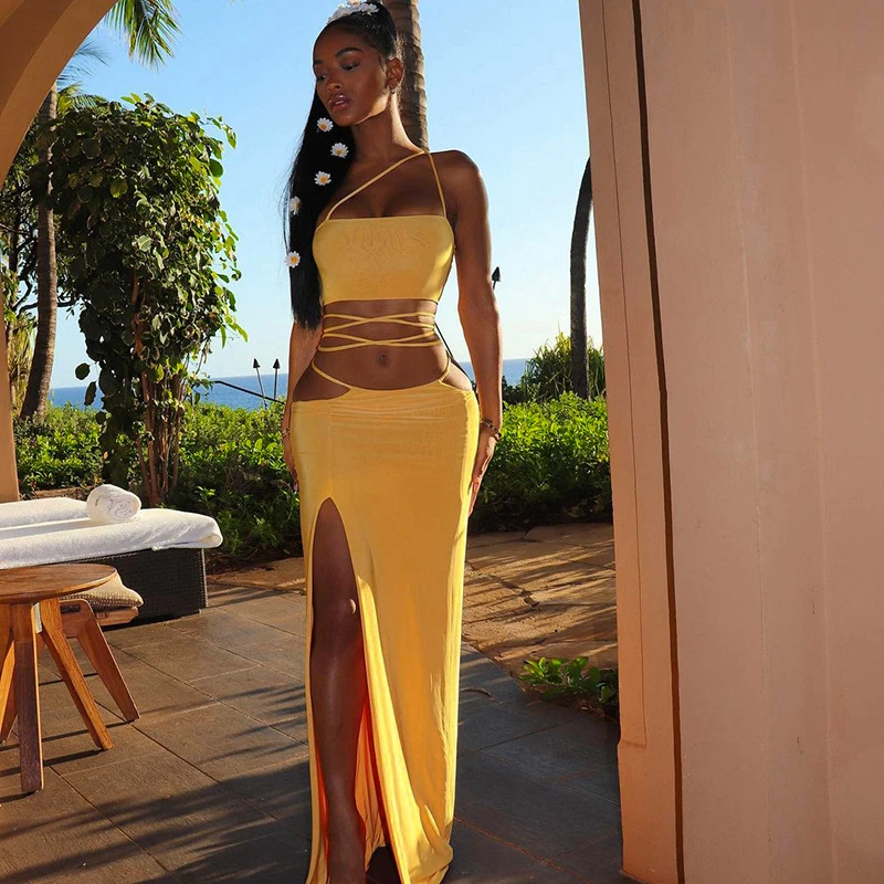 

2021 New Summer Women Two Piece Set Dress Solid Crop Top And Bandage High Split Irregular Long Dress Nightclub Beach Wear