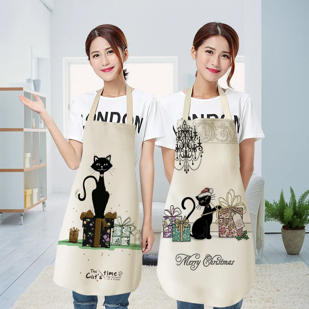 1 Pcs Cute Cat Pattern Kitchen Apron for Women Cotton Linen Bibs Household Cleaning Pinafore Home Cooking Aprons