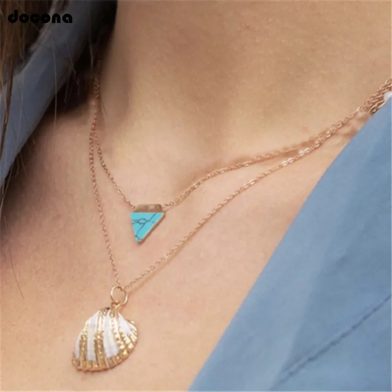 

docona Gold Shell Triangle Stone Pendant Necklace for Women Girl Cowrie Multilayer Charms Necklaces Collares 8368