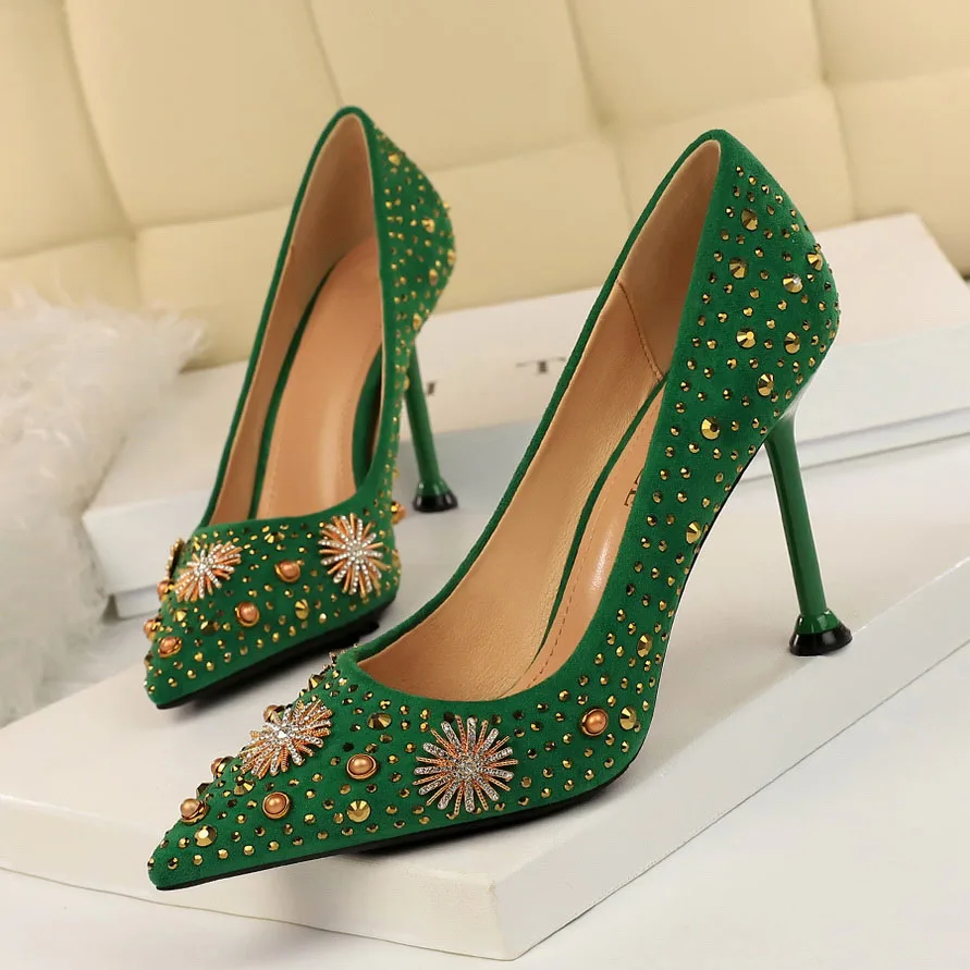Женские туфли-лодочки на высоком каблуке 9,5 см; большие размеры 10,5; роскошные женские элегантные туфли с острым носком; туфли-лодочки с заклепками на каблуке; цвет зеленый, синий