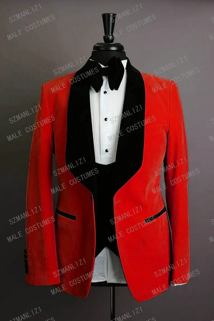 

2020 Latest Coat Pant Designs Red Velvet Blazer Men Suit Slim Fit 3 Pieces Men Wedding Suits Groom Party Tuxedos With Pants