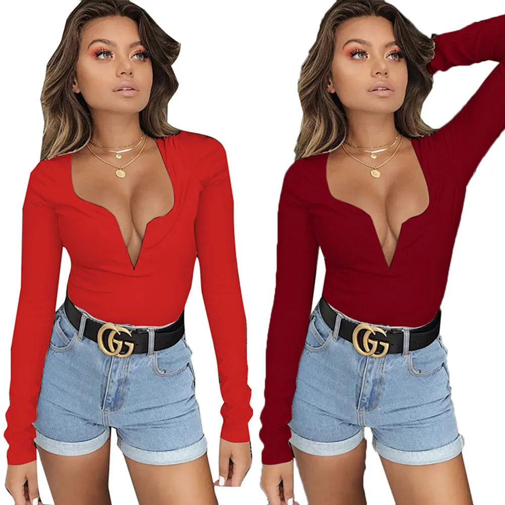 SEBOWEL Spring Autumn Sexy Deep V Long Sleeve Skinny Bodysuits Woman Steel Ring Basic Top Body Clothes for Female Bodysuit S-XL
