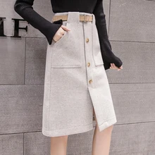 Женские офисные шерстяные Облегающие юбки средней длины с высокой талией и карманами, юбки с поясом на осень и зиму, новые трендовые юбки с разрезом