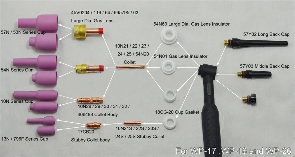 TIG KIT длинные газовые линзы и длинные стаканы из глинозема Fit TIG сварочный фонарь PTA DB SR WP 17 18 26 Series, 19PK