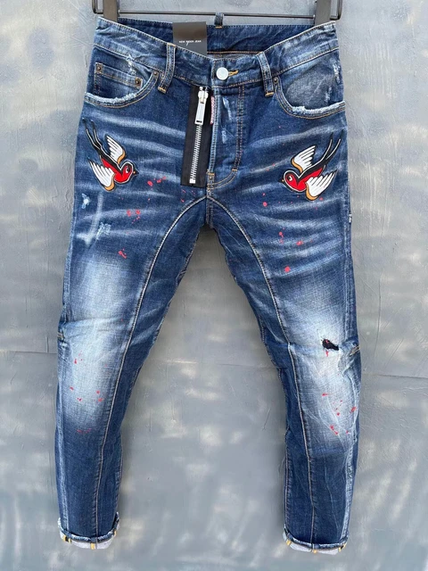 DSQUARED2 Stitching Printing Slim Jeans Straight Leg Motorcycle Rider Hole  Pants T129#|Jeans| - AliExpress