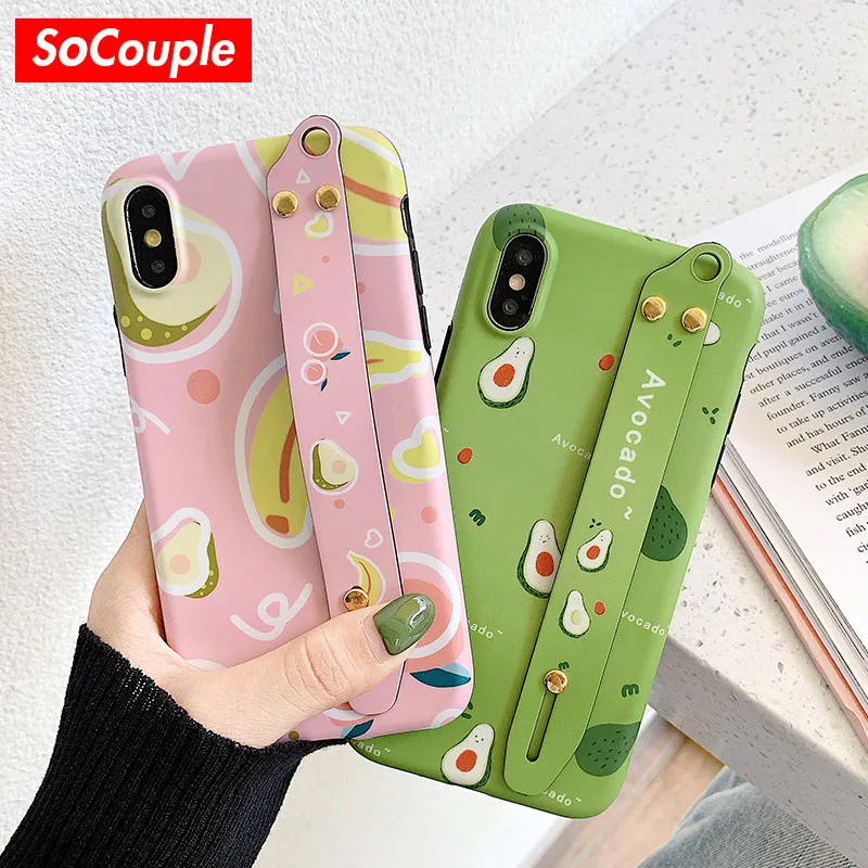 

SoCouple Phone Holder Case For iphone XR X Xs max Case For iphone 7 8 6 6s plus Fruit Avocado Banana Soft TPU Wrist Strap Cover