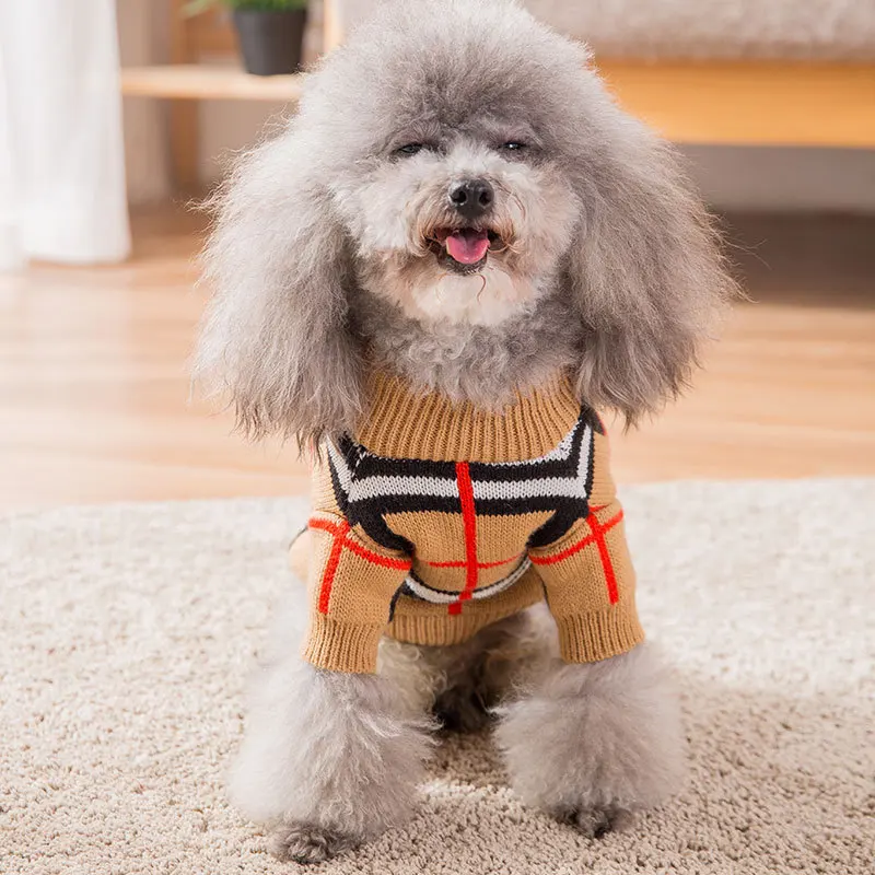 New Style Autumn And Winter Dog Sweater Geometry Plaid Pullover Knitted Thin Teddy Bichon Feet Pet Cat Clothes