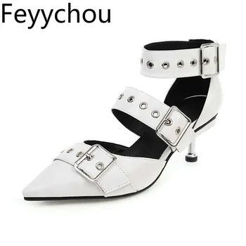 

Women Sandals High Heels Pu Buckle Pointed Toe Thin Heels 2020 New Sexy Fashion Spring Summer Party Wedding White Big Size 34-48