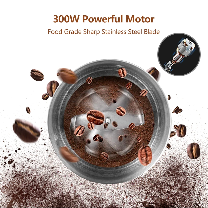 Coffart By BioloMix 2-in-1 Wet and Dry Double Cups 300W Electric Coffee Bean Grinder Stainless Steel Body and Miller Blades 5