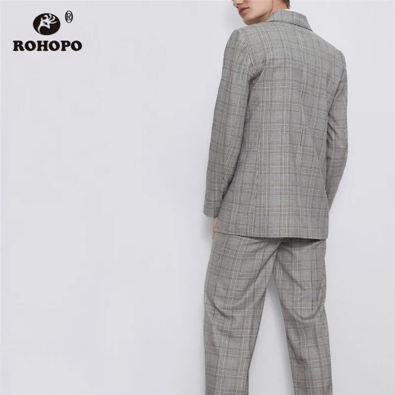 ROHOPO Double Breast Buttons Asymmetric Fly Thin Striped Plaid Gray Blazer Notched Collar British Academy Ladies Outwear #2287 ROHOPO Double Breast Buttons Asymmetric Fly Thin Striped Plaid Gray Blazer Notched Collar British Academy Ladies Outwear #2287