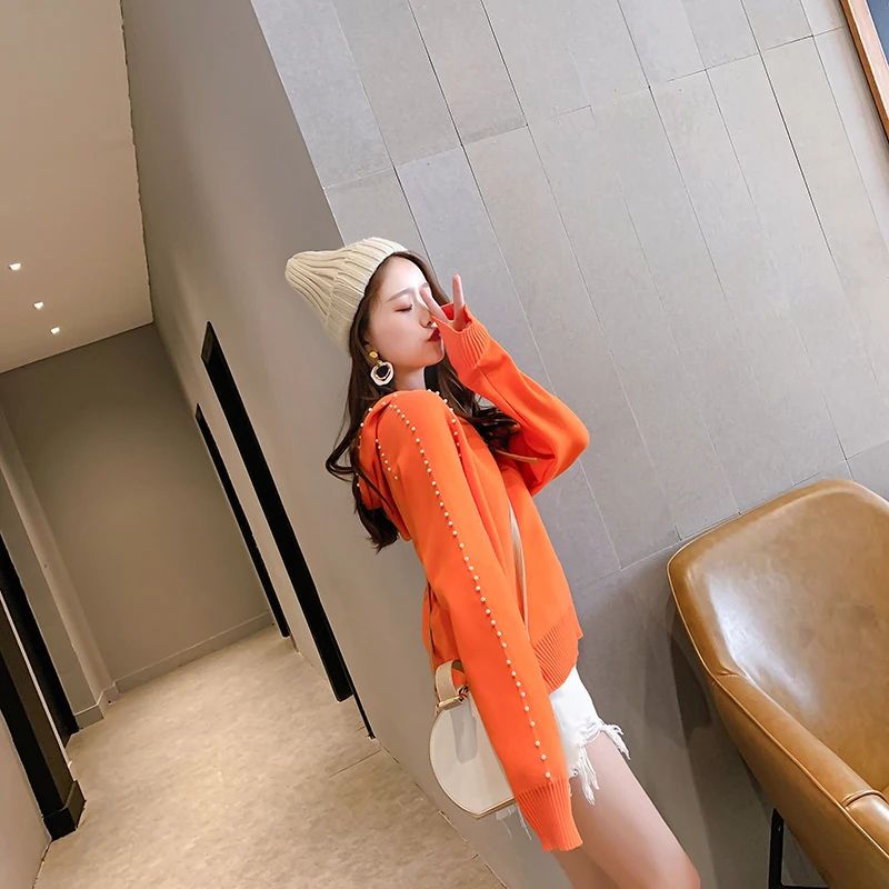 Pull femme nouveaute осенне-зимний свитер для женщин модный свитер с капюшоном и длинными рукавами, украшенный бисером пуловер женский свитер C244