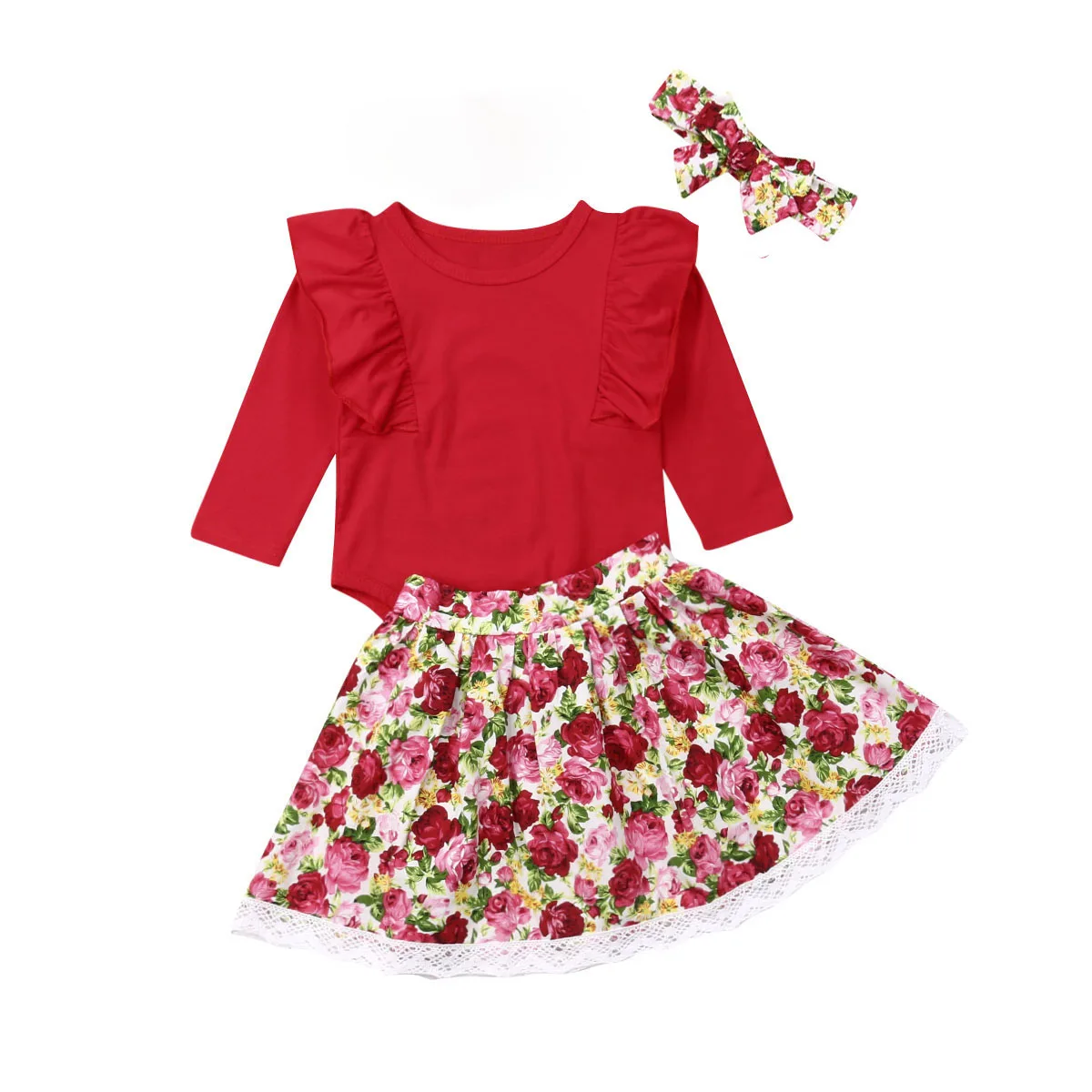 

3pcs Newborn Baby Girl Xmas Clothes Sets Ruffles Solid Red Tops Romper+Floral Skirt Outfits 0-24M