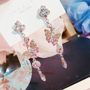 

Fashion Korean Rhinestone Butterfly Long Crystal Drop Earrings For Women Students Holiday Party Pendientes Jewelry
