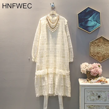 

2020 Spring Autumn New Pattern Stand Collar Long Sleeve Solid Patchwork Ruffles Lace Pullovers Vintage Dress Women V405