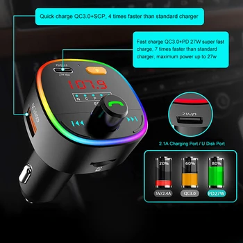 

Car Charger adapter Bluetooth 5.0 FM Transmitter Ambient Light EQ Mode Mp3 Player Play Support U Disk / TF Card Musi