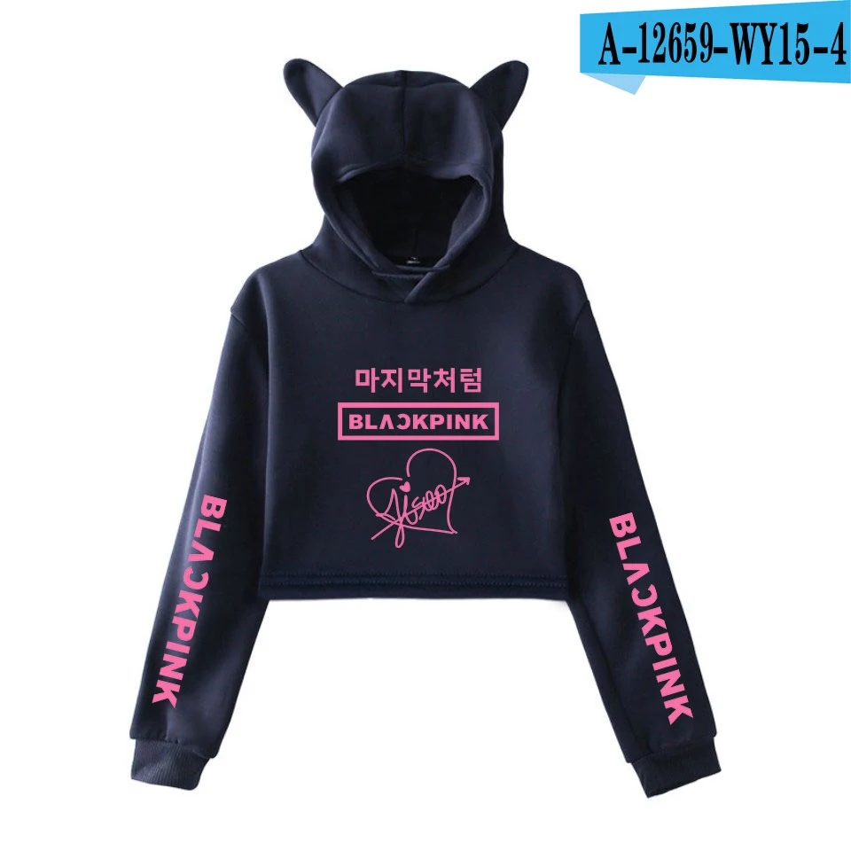 Blackpink kpop толстовка хлопковые толстовки с капюшоном для девочек, детские Для женщин печати Модный пуловер Шорты, рубашка, с украшением в виде кошачьих ушек Толстовка - Цвет: Navy blue