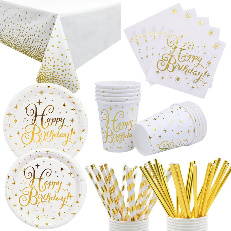 Party Disposable Tableware Set Gold Paper Cup Plate Straws Napkin Number Balloons Kids Birthday Supplies Golden Party Decoration