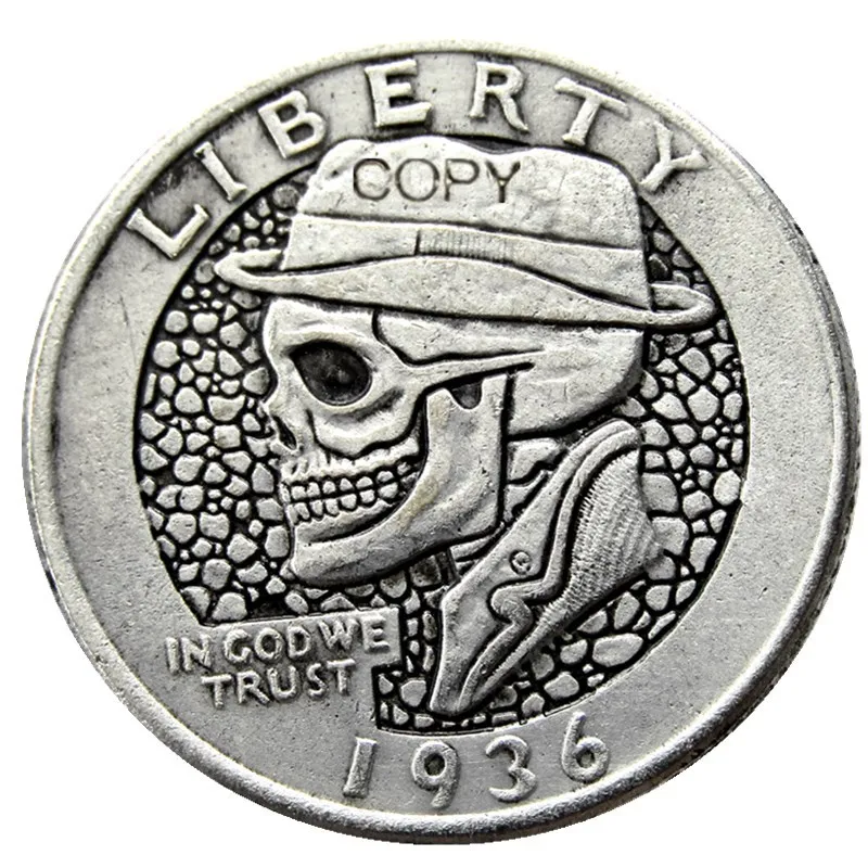 

W(10) Hobo 1936 Washington Quarter Dollars Skull Zombie Skeleton Hand Carved Silver Plated Copy Coins