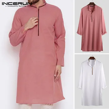 

Men Muslim Islamic Kaftan Vintage Stand Collar Long Sleeve Robes Abaya Saudi Arabia Dubai Jubba Thobe Men Clothing 2020 INCERUN
