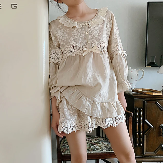 Summer Women's Flower Embroidery Linen Pajama Sets Tops+Shorts