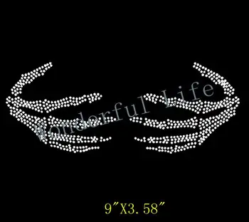 

Free shipping skull hands heat transfer motif white clear crystal rhinestones transfer design
