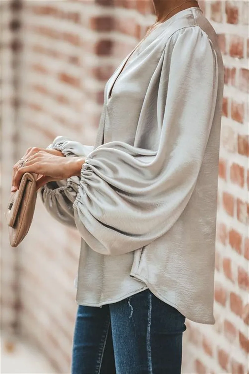 Women Blouses Office Lady Shirts Sexy Overlap Low Cut Bandage Knot Turn-Down Collar Elegant Smooth Silk And Satin