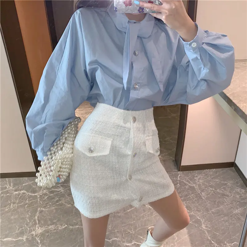 

Alien Kitty 2019 High Quality Women Casual Fresh Blouses Loose High Street Feminine All Match Lantern Sleeves Solid Brief Shirts