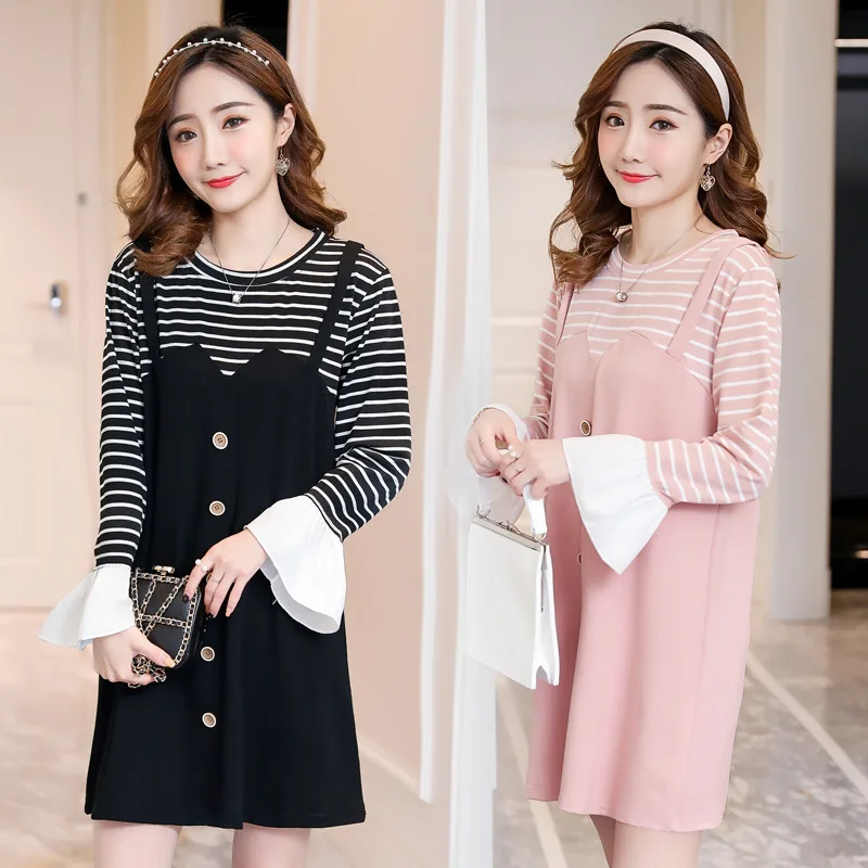 

2018 New Style Loose-Fit Stripes Joint Mock Two-Piece Knit Maternity Clothes Dress Spring And Autumn Long-sleeved Dress Fashion