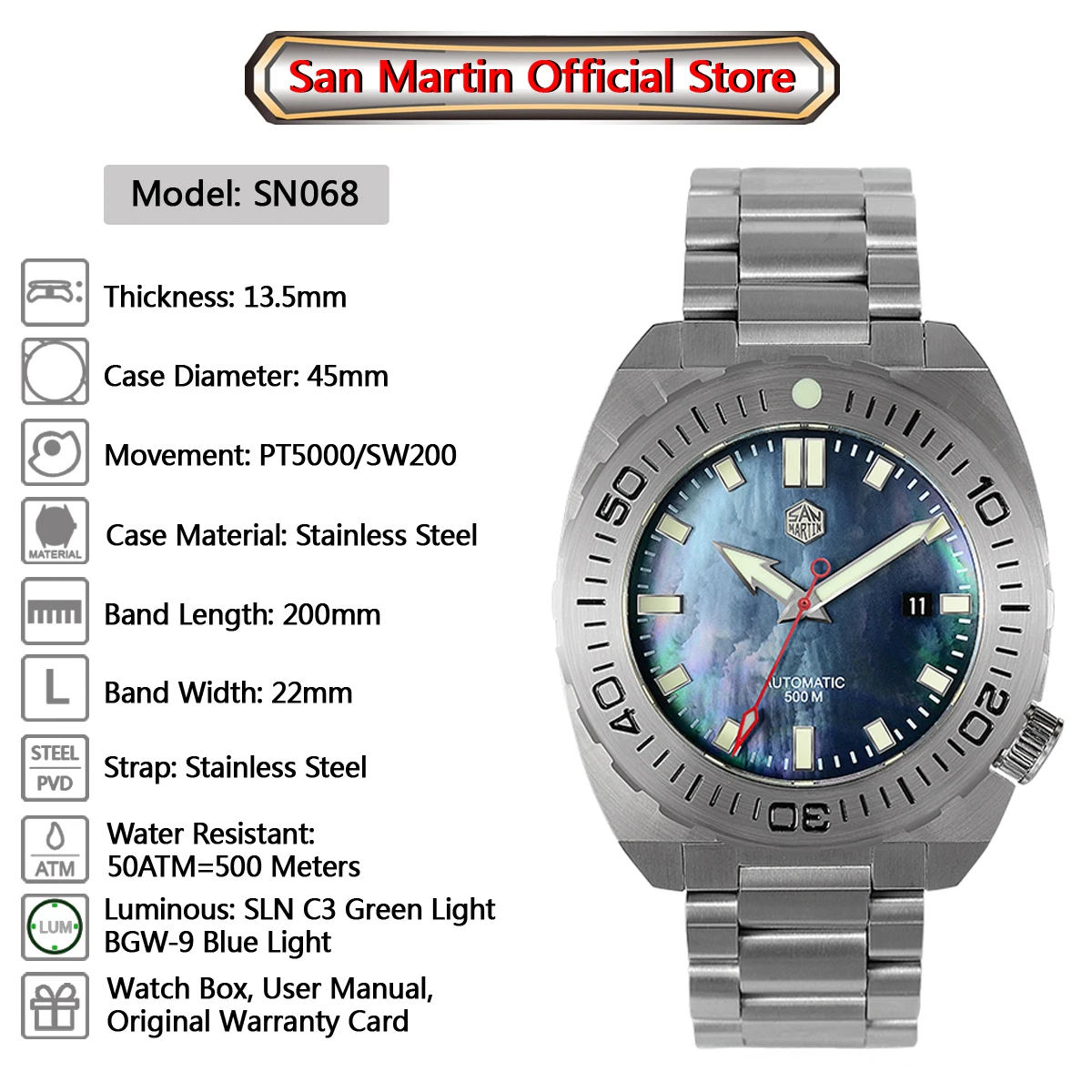San Martin Diver часы Мужские механические часы Автоматические сапфировые водонепроницаемые 500 м светящиеся из нержавеющей стали Ограниченная серия