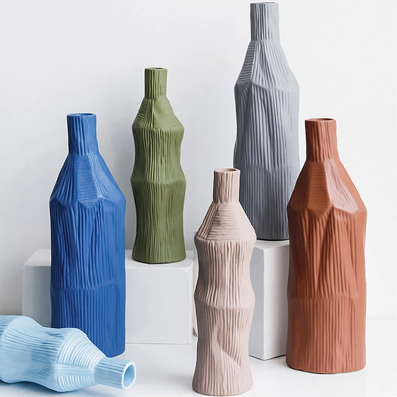 

Nordic Molandi Ceramic Vase Irregular stripes art flower vase Desktop Dry Flower Decorative Ornaments home Wedding decoration