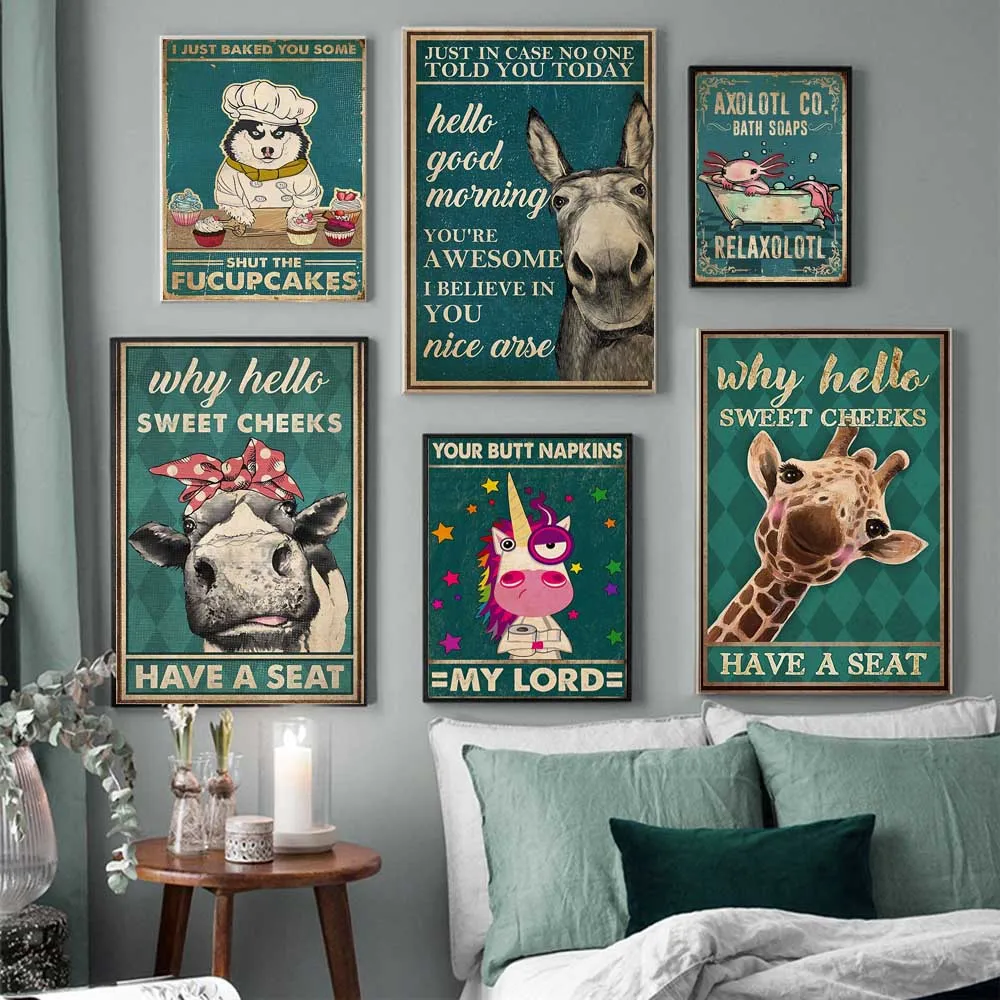 

Retro Art Animal Canvas Painting Funny Giraffe Alpaca Poster Slogan Wall Painting Living Room Bedroom Home Decoration Mural Gift