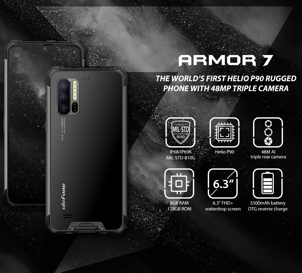Мобильный телефон Ulefone Armor 7, 8 ГБ, 128 ГБ, Android 9,0, Helio P90, четыре ядра, 4G LTE, 48MP камера, Bluetooth 5,0, функция распознавания лица, Беспроводная зарядка, 4G