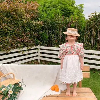 

Korean Children's Dress Clothing Summer New Girls Sweet Floral Ruffled Waist Dress + Hollow Lace dress Two Pcs Toddler Dress